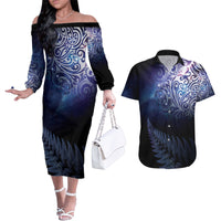 New Zealand Aotearoa Matariki Couples Matching Off The Shoulder Long Sleeve Dress and Hawaiian Shirt Starry Silver Fern LT7 Galaxy - Polynesian Pride