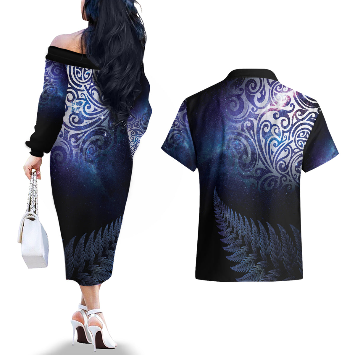 New Zealand Aotearoa Matariki Couples Matching Off The Shoulder Long Sleeve Dress and Hawaiian Shirt Starry Silver Fern LT7 - Polynesian Pride