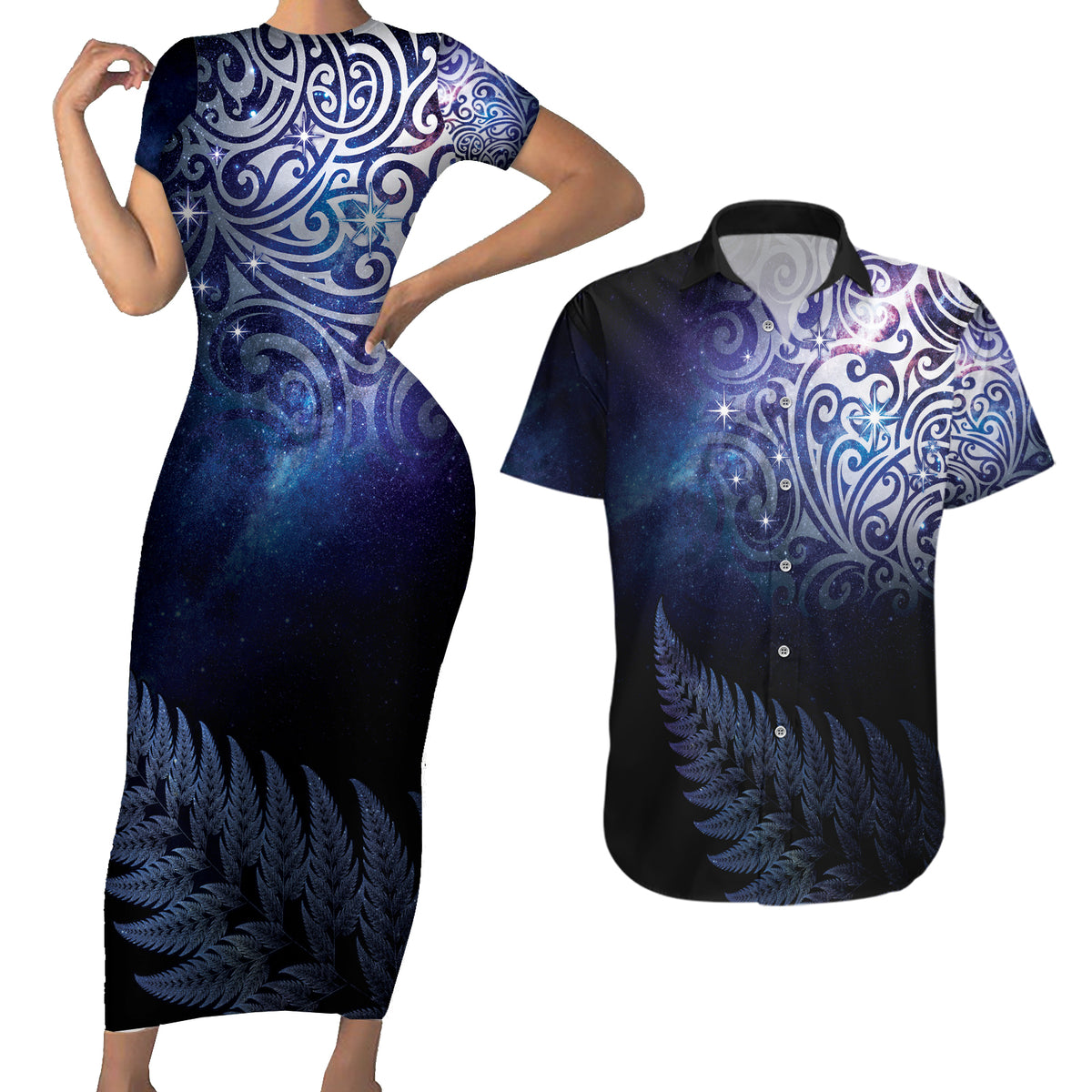 New Zealand Aotearoa Matariki Couples Matching Short Sleeve Bodycon Dress and Hawaiian Shirt Starry Silver Fern LT7 Galaxy - Polynesian Pride