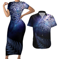 New Zealand Aotearoa Matariki Couples Matching Short Sleeve Bodycon Dress and Hawaiian Shirt Starry Silver Fern LT7 Galaxy - Polynesian Pride