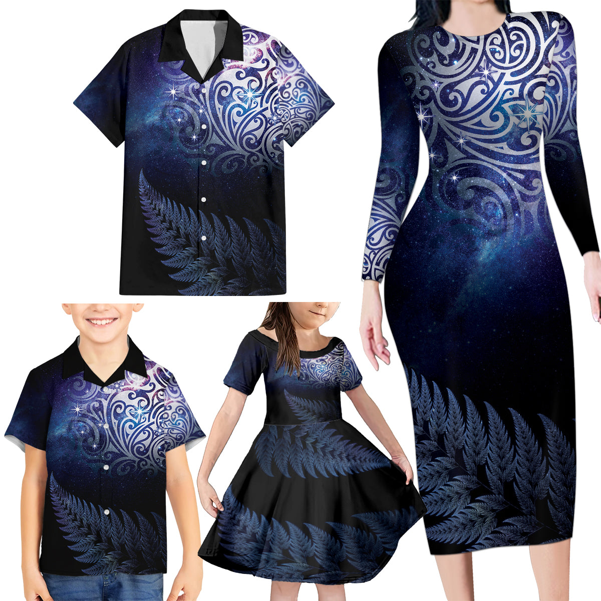 New Zealand Aotearoa Matariki Family Matching Long Sleeve Bodycon Dress and Hawaiian Shirt Starry Silver Fern LT7 - Polynesian Pride