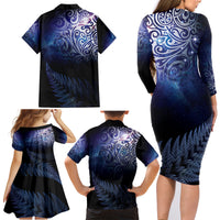 New Zealand Aotearoa Matariki Family Matching Long Sleeve Bodycon Dress and Hawaiian Shirt Starry Silver Fern LT7 - Polynesian Pride