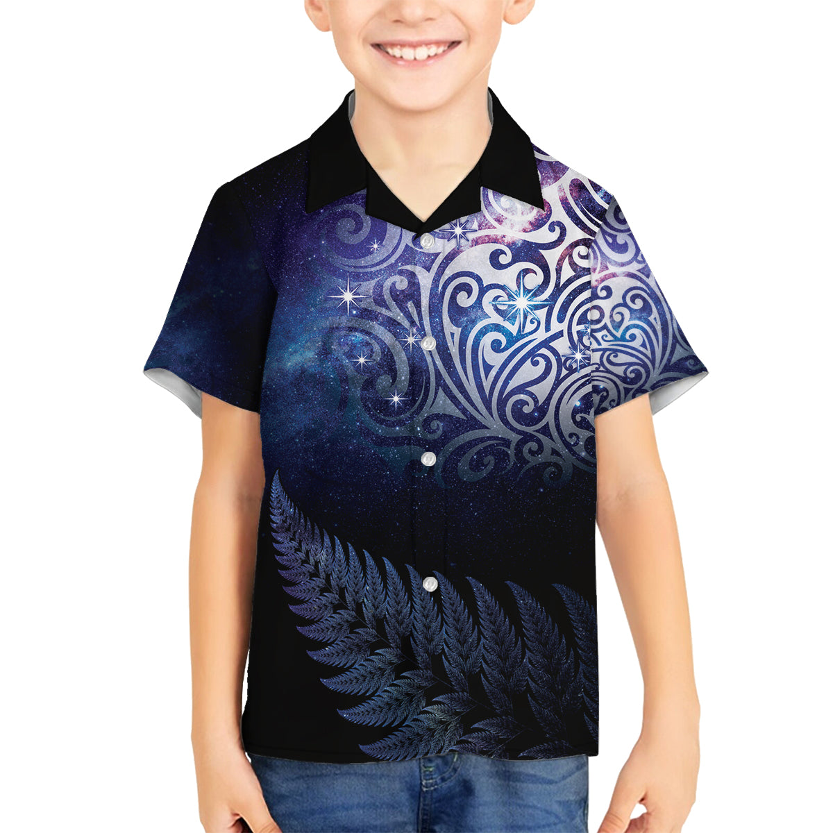 New Zealand Aotearoa Matariki Family Matching Long Sleeve Bodycon Dress and Hawaiian Shirt Starry Silver Fern LT7 Son's Shirt Galaxy - Polynesian Pride