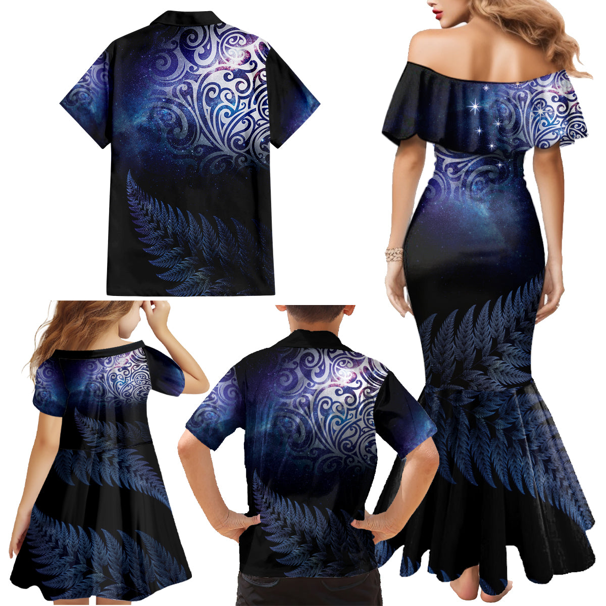 New Zealand Aotearoa Matariki Family Matching Mermaid Dress and Hawaiian Shirt Starry Silver Fern LT7 - Polynesian Pride
