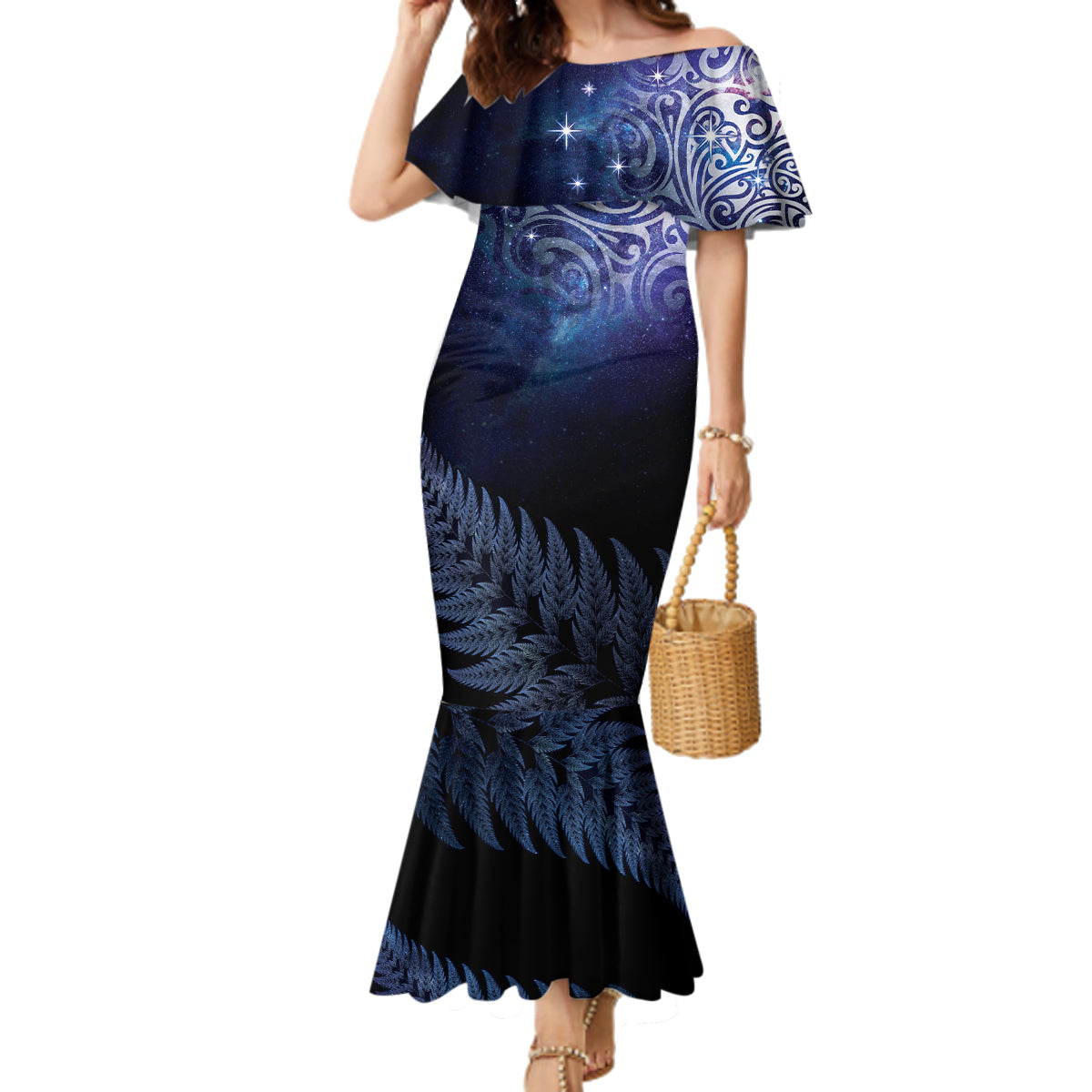 New Zealand Aotearoa Matariki Family Matching Mermaid Dress and Hawaiian Shirt Starry Silver Fern LT7 Mom's Dress Galaxy - Polynesian Pride