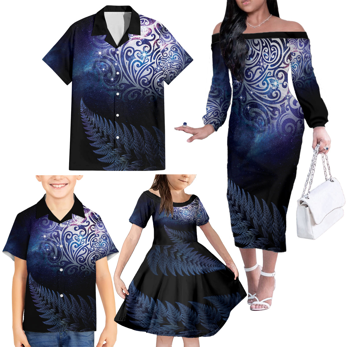 New Zealand Aotearoa Matariki Family Matching Off The Shoulder Long Sleeve Dress and Hawaiian Shirt Starry Silver Fern LT7 - Polynesian Pride