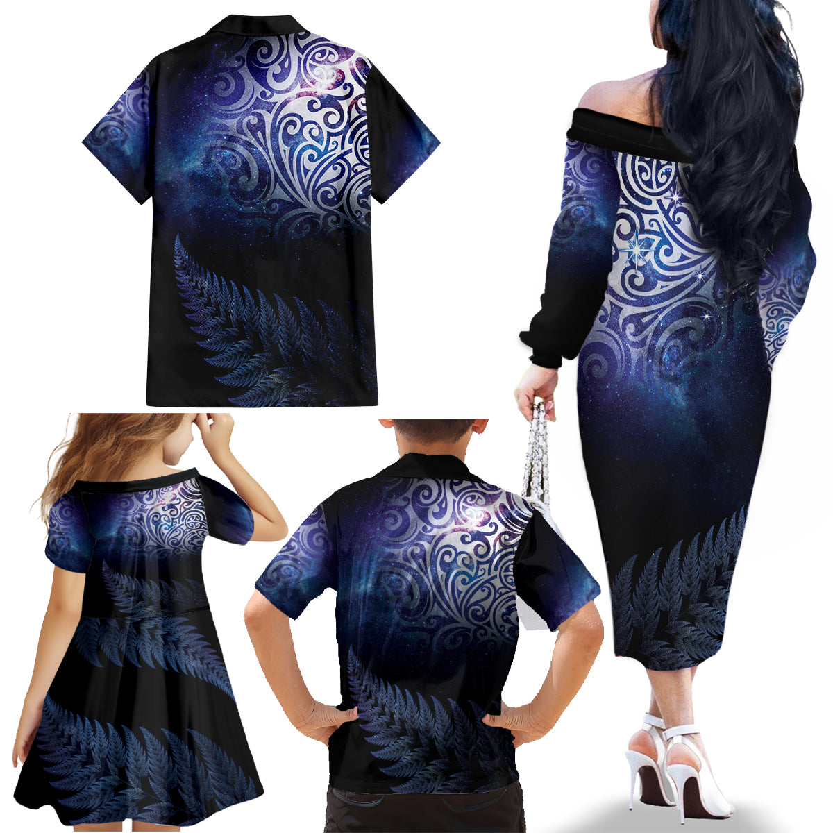 New Zealand Aotearoa Matariki Family Matching Off The Shoulder Long Sleeve Dress and Hawaiian Shirt Starry Silver Fern LT7 - Polynesian Pride