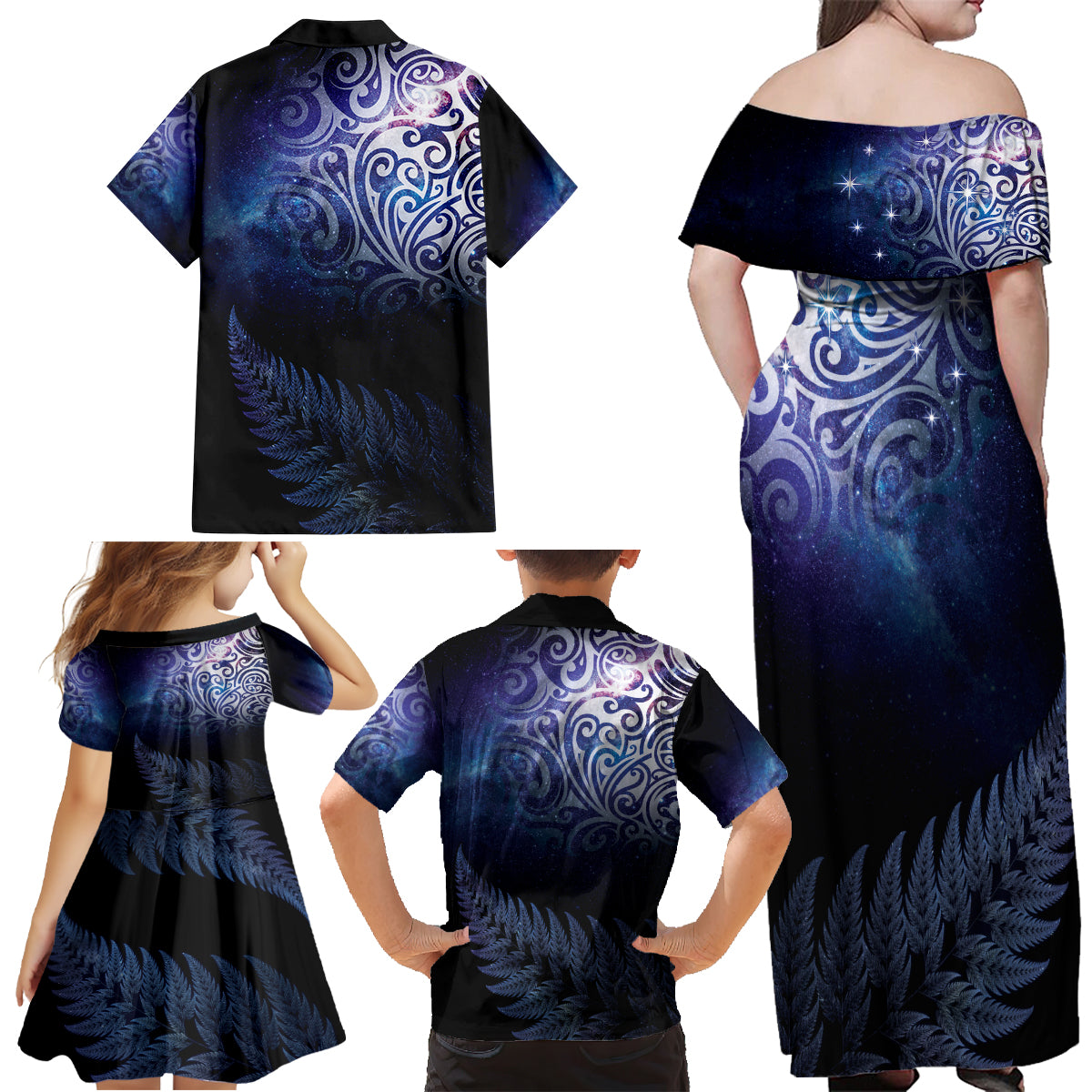 New Zealand Aotearoa Matariki Family Matching Off Shoulder Maxi Dress and Hawaiian Shirt Starry Silver Fern LT7 - Polynesian Pride
