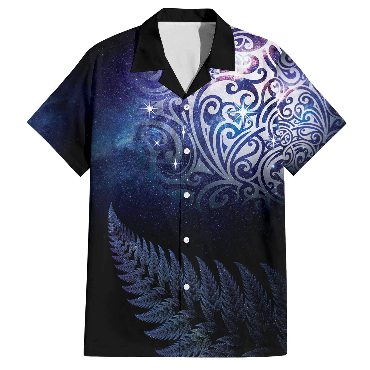 New Zealand Aotearoa Matariki Family Matching Off Shoulder Maxi Dress and Hawaiian Shirt Starry Silver Fern LT7 Dad's Shirt - Short Sleeve Galaxy - Polynesian Pride