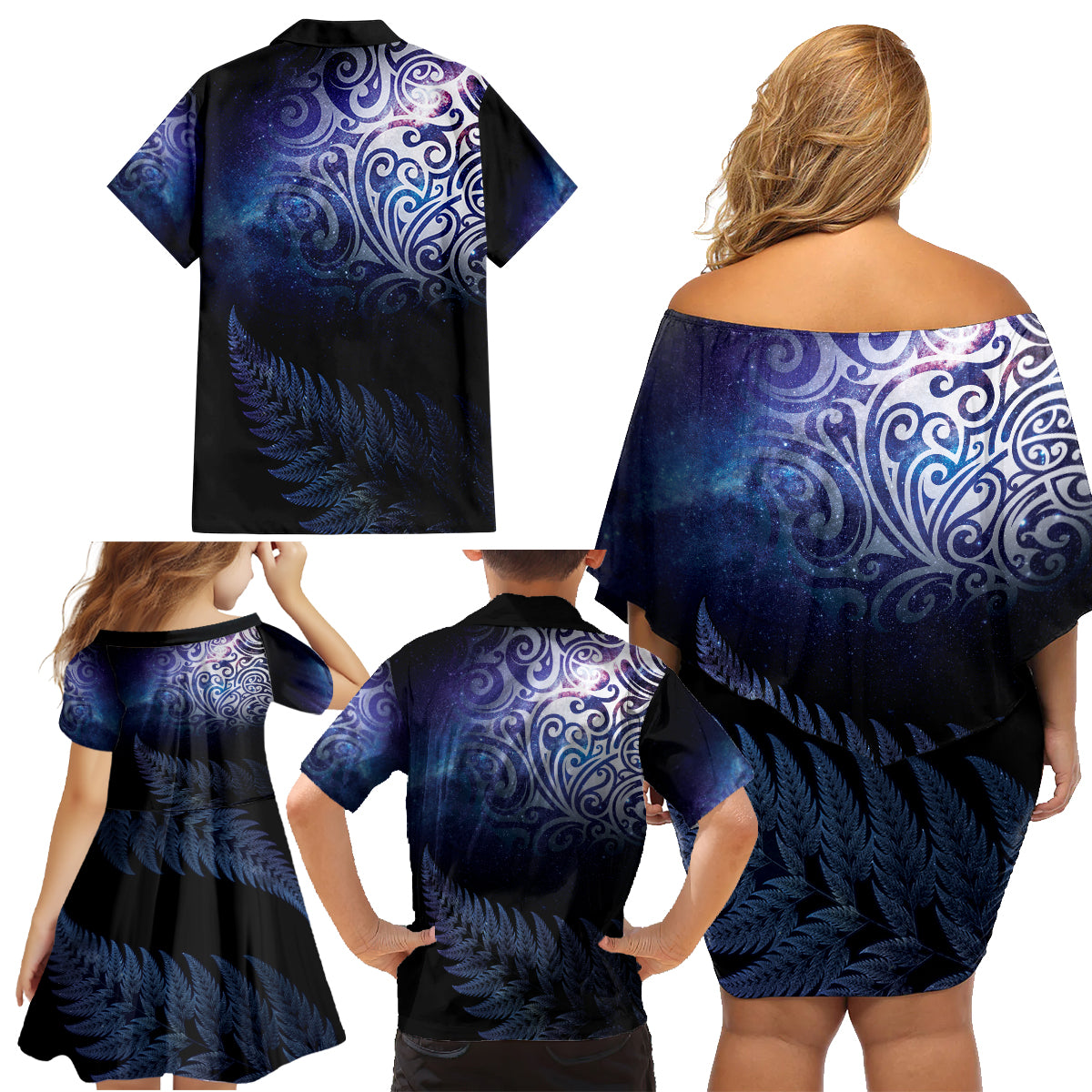 New Zealand Aotearoa Matariki Family Matching Off Shoulder Short Dress and Hawaiian Shirt Starry Silver Fern LT7 - Polynesian Pride