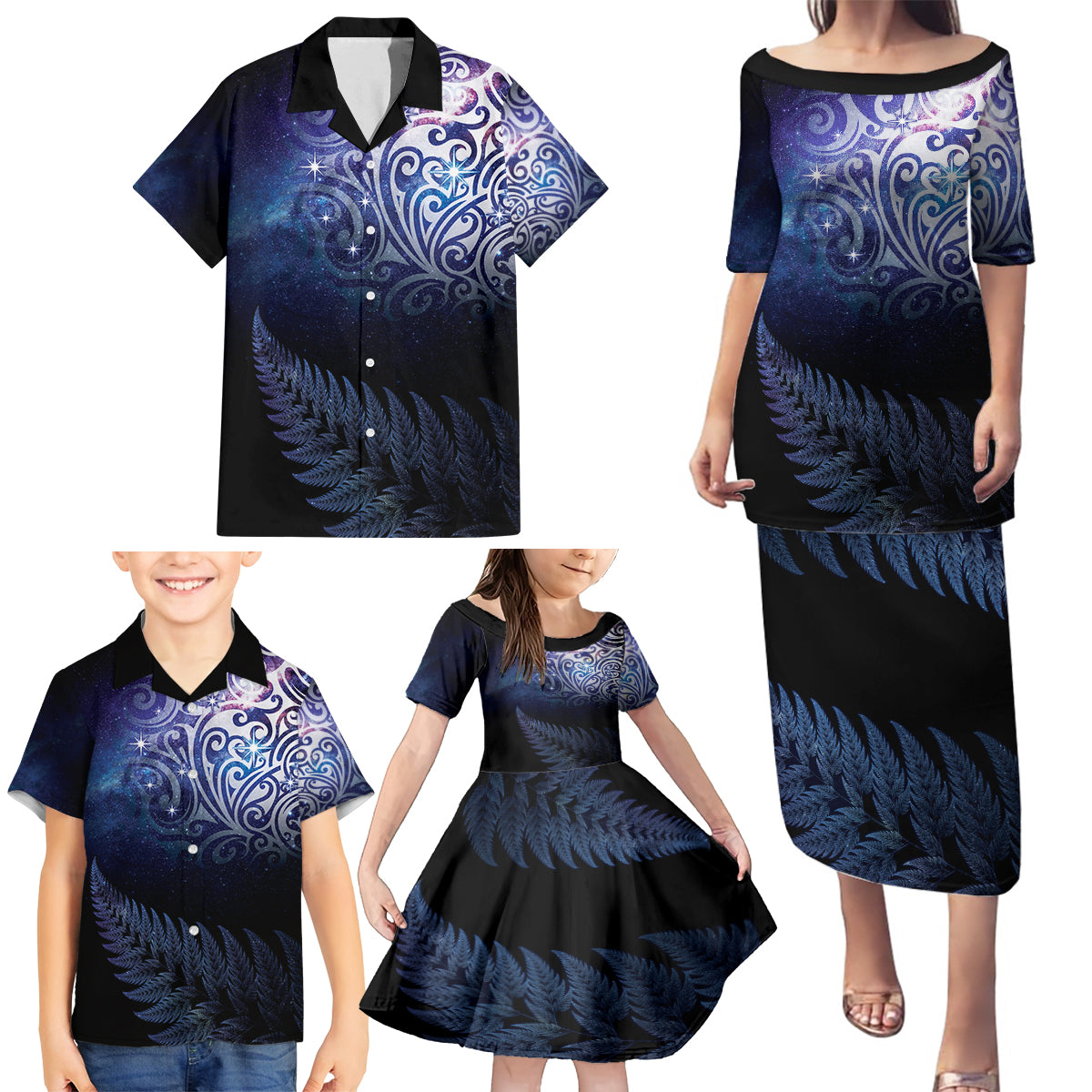 New Zealand Aotearoa Matariki Family Matching Puletasi and Hawaiian Shirt Starry Silver Fern LT7 - Polynesian Pride