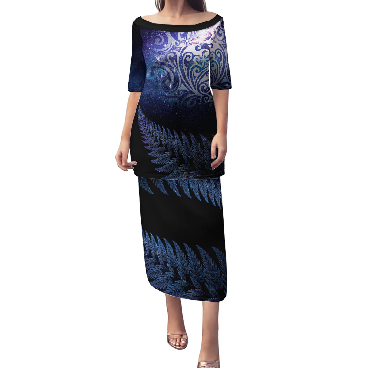 New Zealand Aotearoa Matariki Family Matching Puletasi and Hawaiian Shirt Starry Silver Fern LT7 Mom's Dress Galaxy - Polynesian Pride