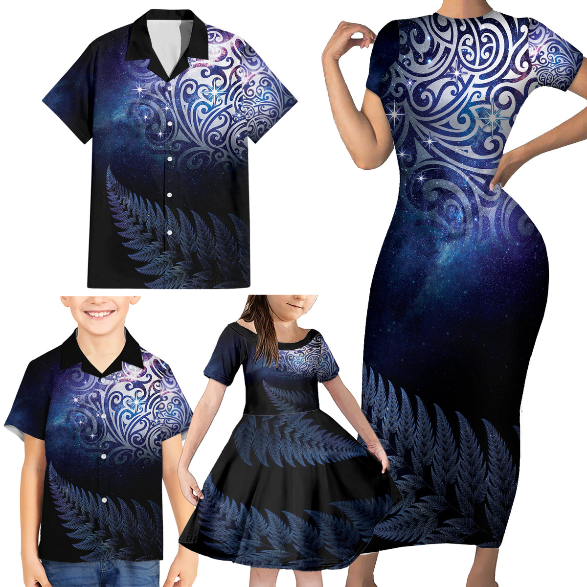 New Zealand Aotearoa Matariki Family Matching Short Sleeve Bodycon Dress and Hawaiian Shirt Starry Silver Fern LT7 - Polynesian Pride
