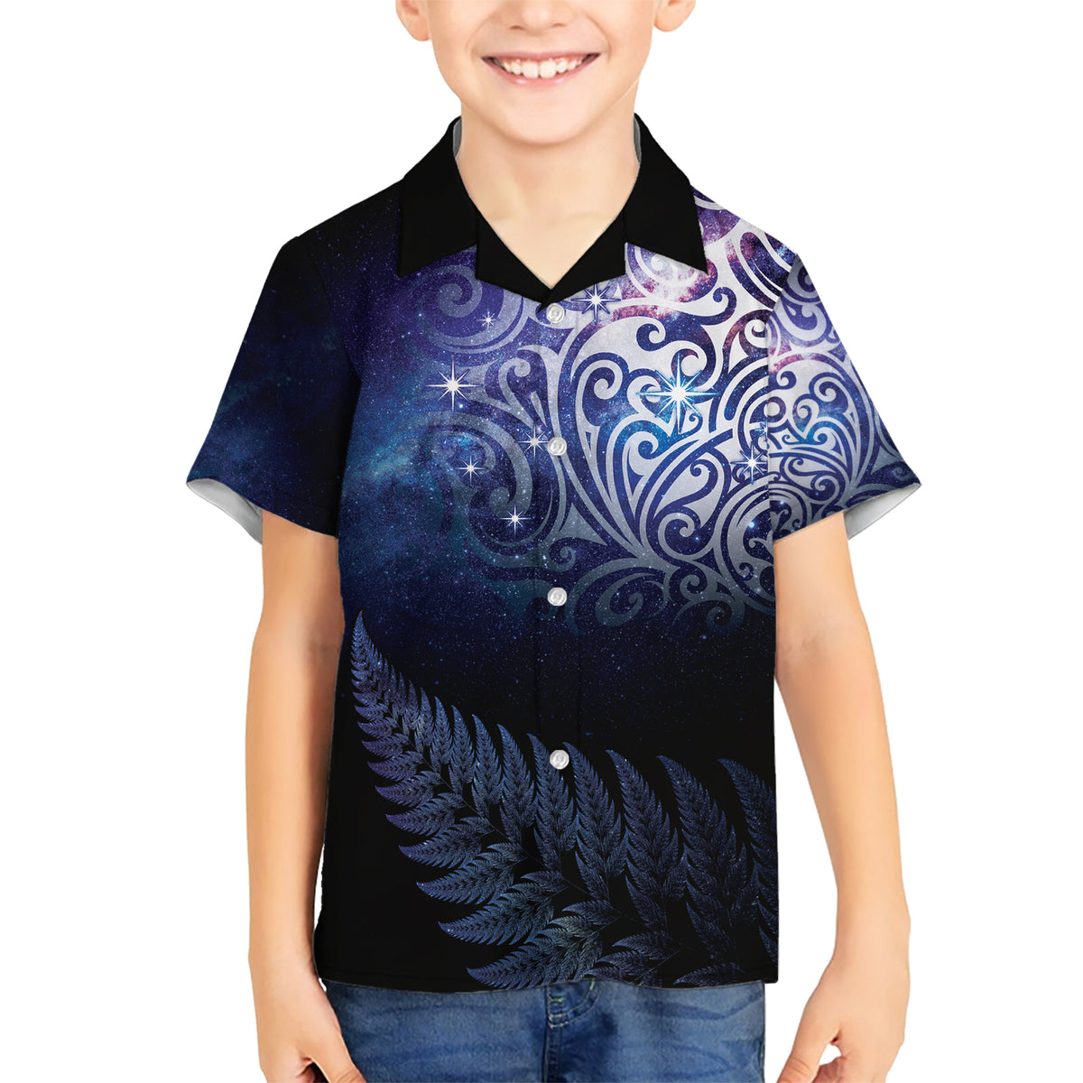 New Zealand Aotearoa Matariki Family Matching Short Sleeve Bodycon Dress and Hawaiian Shirt Starry Silver Fern LT7 Son's Shirt Galaxy - Polynesian Pride