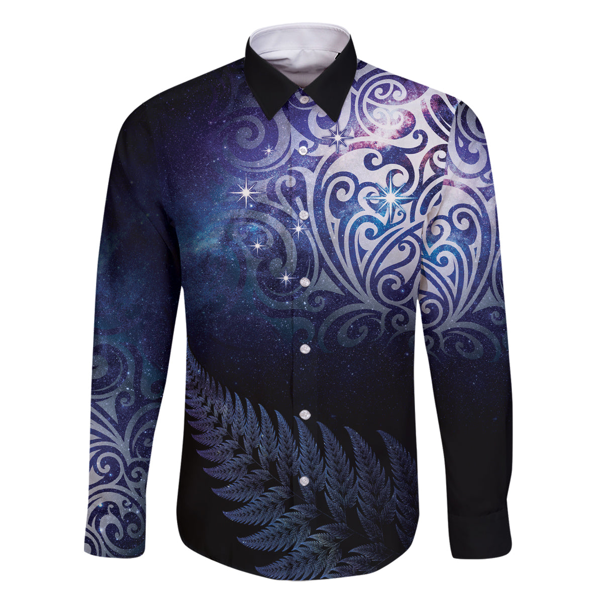 New Zealand Aotearoa Matariki Family Matching Summer Maxi Dress and Hawaiian Shirt Starry Silver Fern LT7 Dad's Shirt - Long Sleeve Galaxy - Polynesian Pride