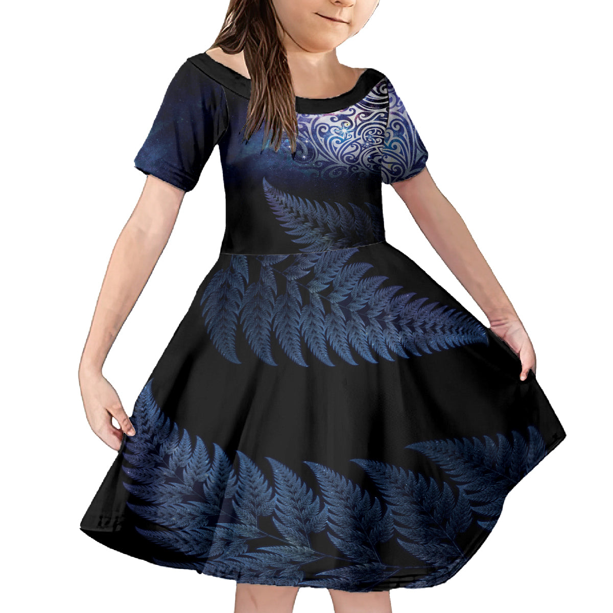 New Zealand Aotearoa Matariki Family Matching Tank Maxi Dress and Hawaiian Shirt Starry Silver Fern LT7 Daughter's Dress Galaxy - Polynesian Pride