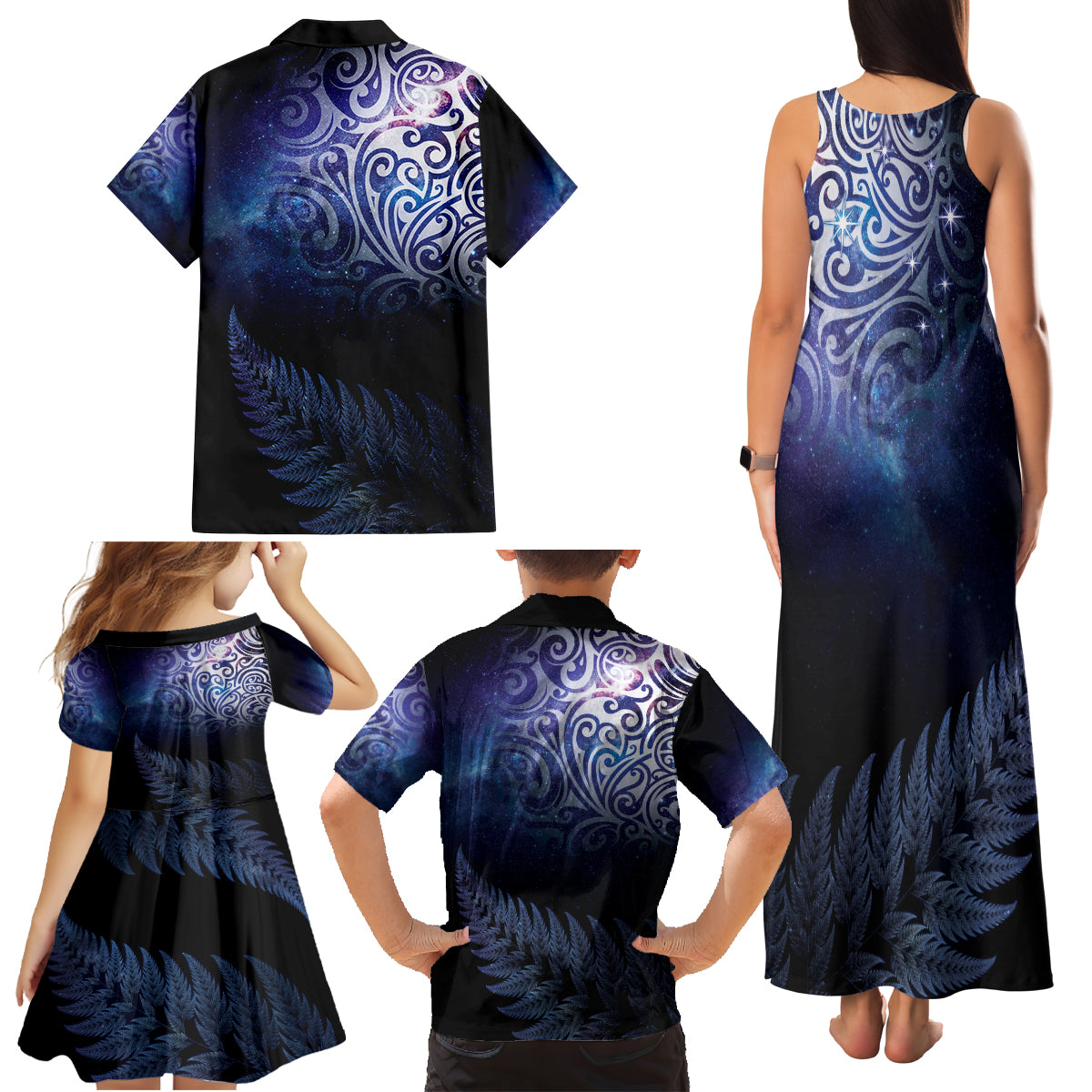 New Zealand Aotearoa Matariki Family Matching Tank Maxi Dress and Hawaiian Shirt Starry Silver Fern LT7 - Polynesian Pride
