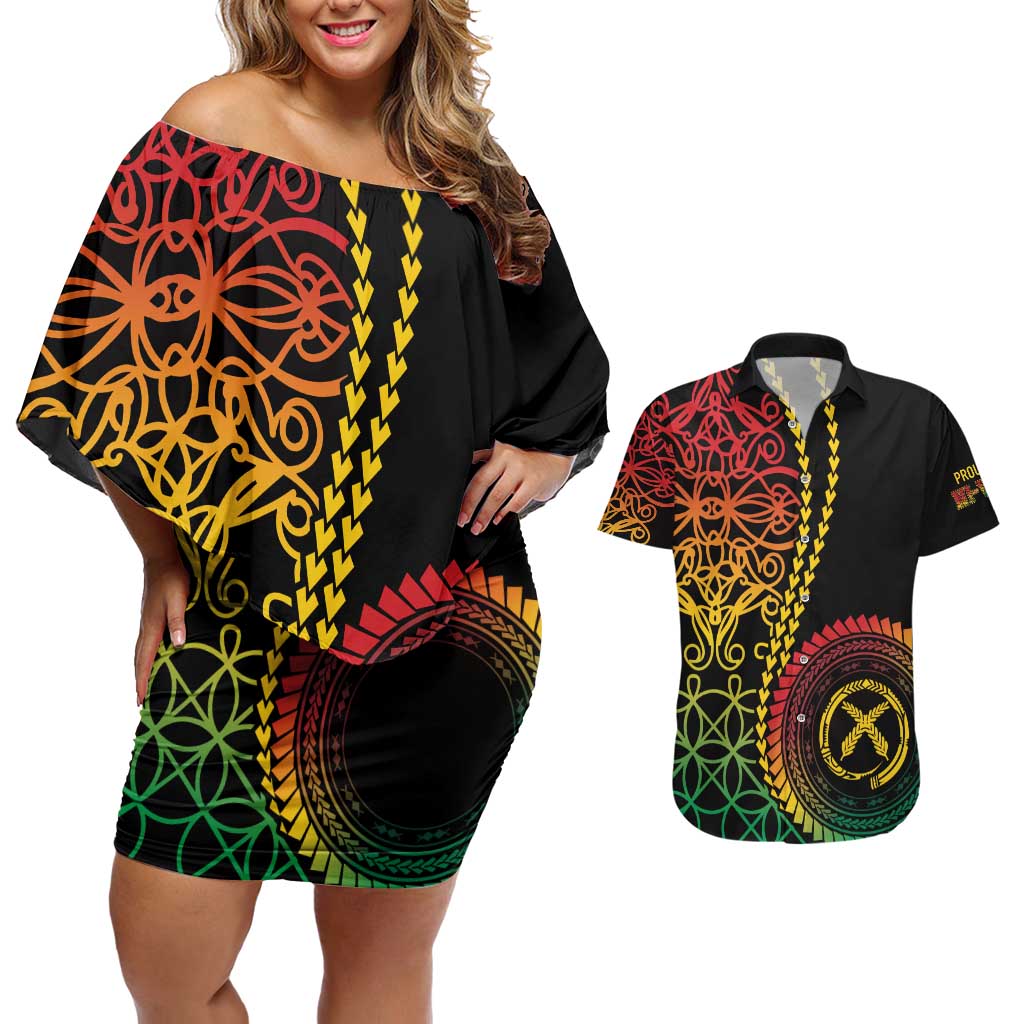 Proudly Ni-Van Sandroing Inspired Classic Style Couples Matching Off Shoulder Short Dress and Hawaiian Shirt