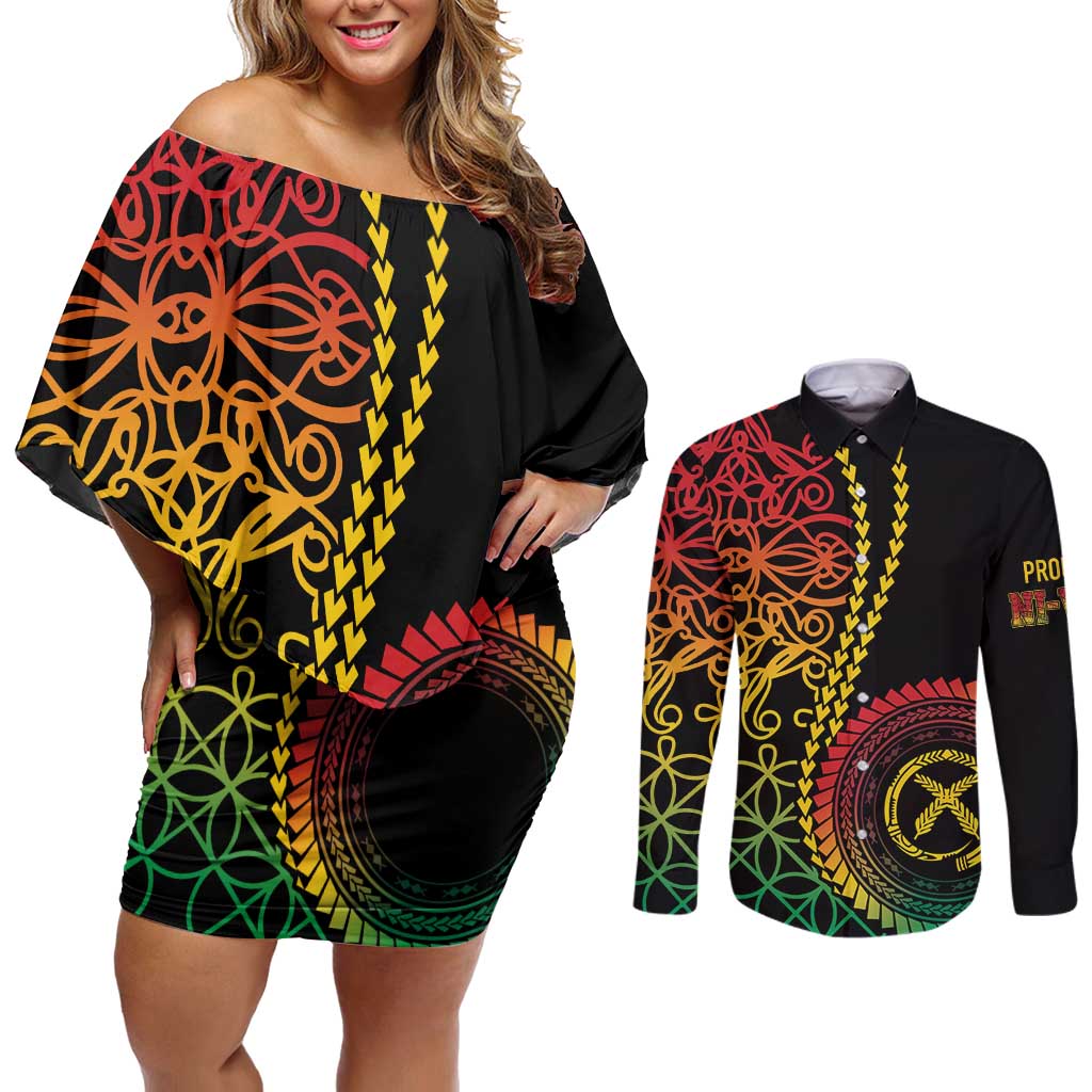 Proudly Ni-Van Sandroing Inspired Classic Style Couples Matching Off Shoulder Short Dress and Long Sleeve Button Shirt
