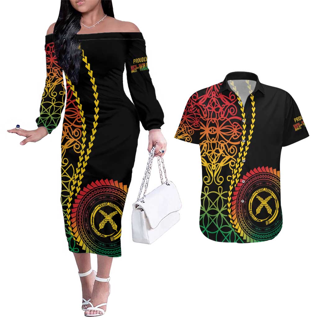 Proudly Ni-Van Sandroing Inspired Classic Style Couples Matching Off The Shoulder Long Sleeve Dress and Hawaiian Shirt