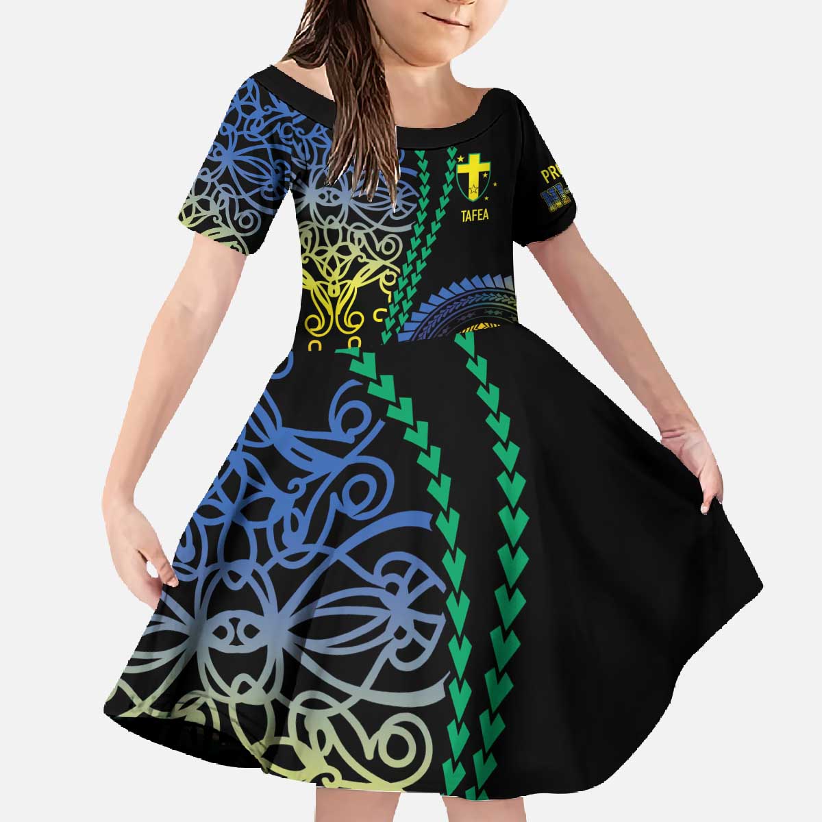 Proudly Ni-Van Sandroing Inspired Family Matching Off The Shoulder Long Sleeve Dress and Hawaiian Shirt Tafea Classic Style LT7 Daughter's Dress Colorful - Polynesian Pride