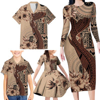 Bula Fiji Family Matching Long Sleeve Bodycon Dress and Hawaiian Shirt Shark Tail Beige Masi Tapa LT7 - Polynesian Pride