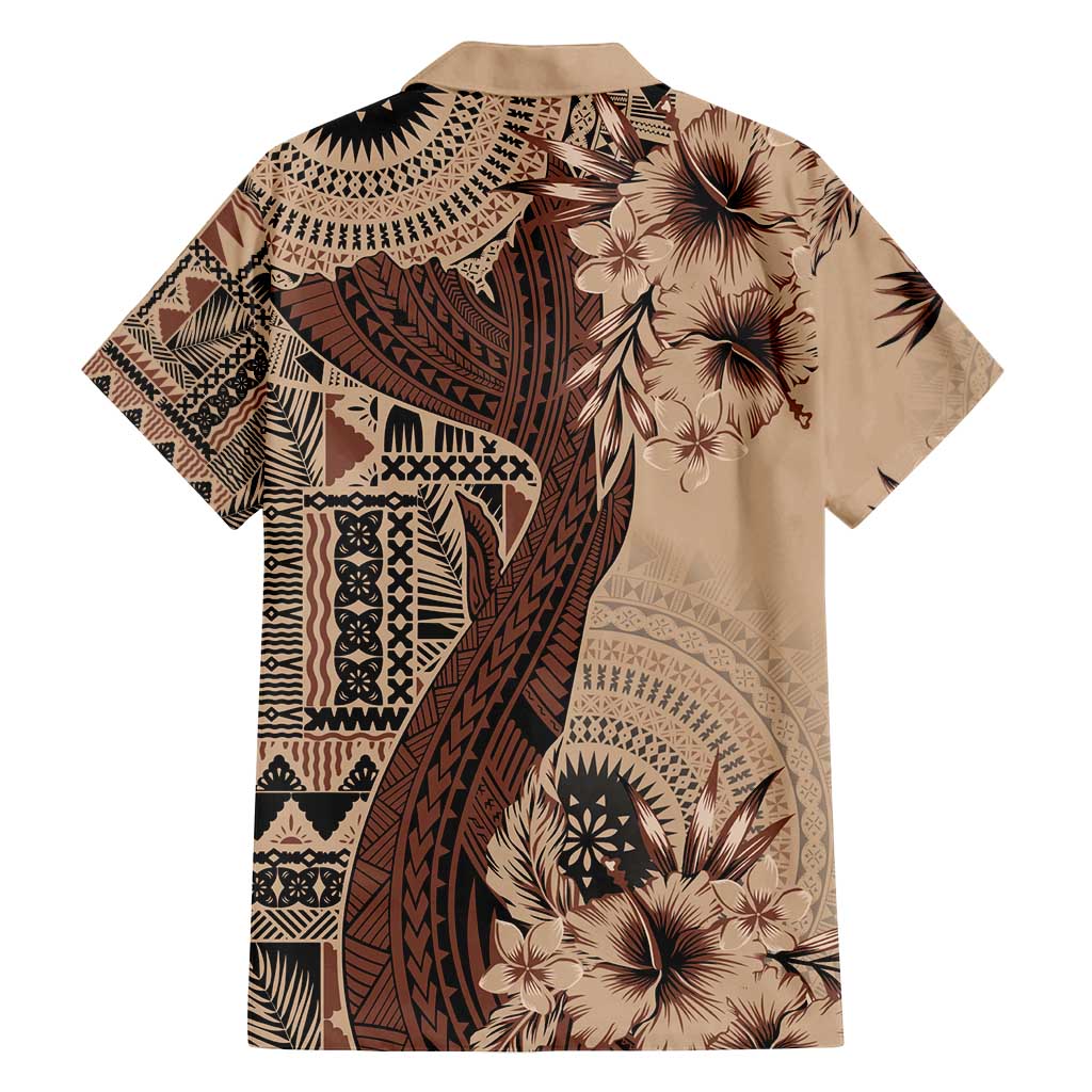 Bula Fiji Family Matching Long Sleeve Bodycon Dress and Hawaiian Shirt Shark Tail Beige Masi Tapa LT7 - Polynesian Pride