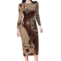 Bula Fiji Family Matching Long Sleeve Bodycon Dress and Hawaiian Shirt Shark Tail Beige Masi Tapa LT7 Mom's Dress Beige - Polynesian Pride