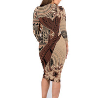 Bula Fiji Family Matching Long Sleeve Bodycon Dress and Hawaiian Shirt Shark Tail Beige Masi Tapa LT7 - Polynesian Pride
