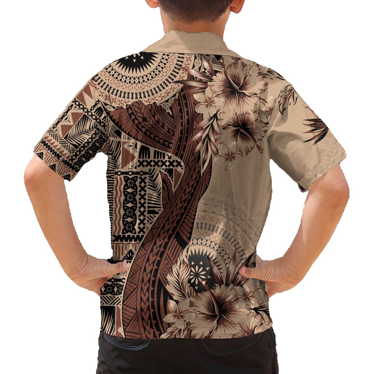 Bula Fiji Family Matching Off The Shoulder Long Sleeve Dress and Hawaiian Shirt Shark Tail Beige Masi Tapa LT7 - Polynesian Pride