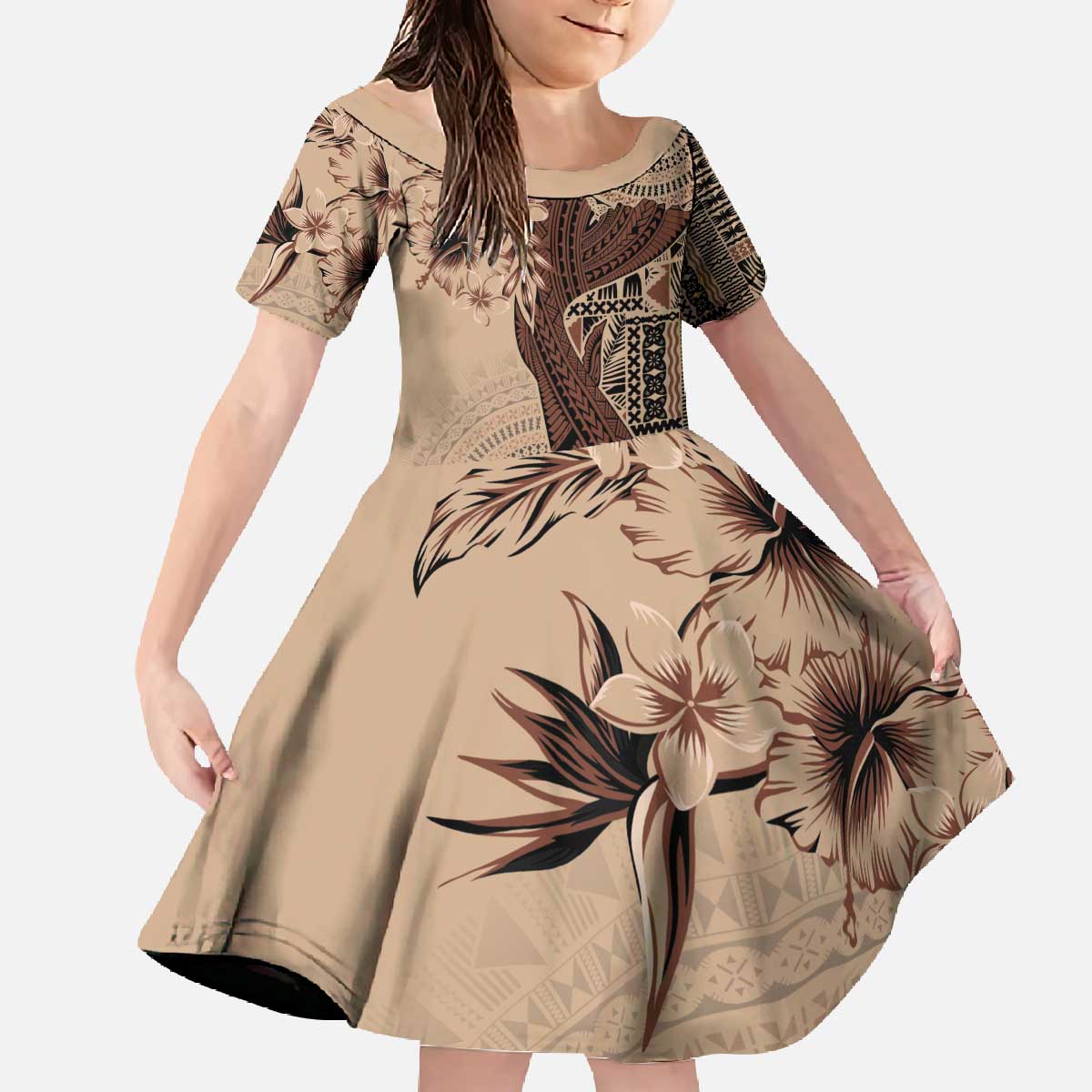 Bula Fiji Family Matching Off The Shoulder Long Sleeve Dress and Hawaiian Shirt Shark Tail Beige Masi Tapa LT7 Daughter's Dress Beige - Polynesian Pride