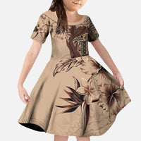 Bula Fiji Family Matching Off The Shoulder Long Sleeve Dress and Hawaiian Shirt Shark Tail Beige Masi Tapa LT7 Daughter's Dress Beige - Polynesian Pride