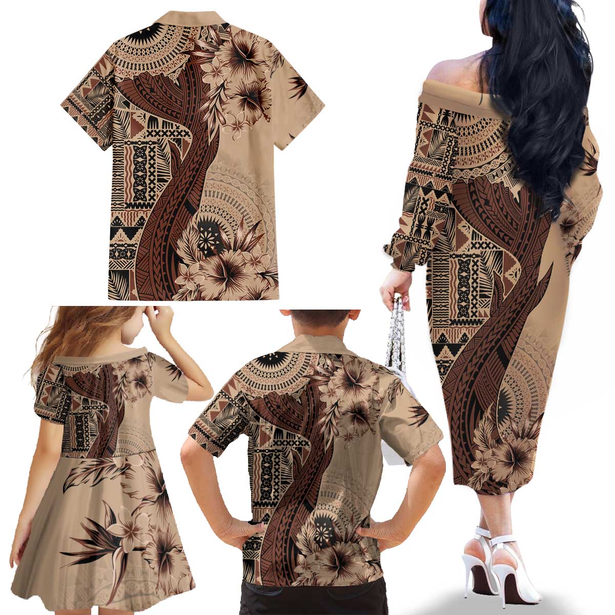 Bula Fiji Family Matching Off The Shoulder Long Sleeve Dress and Hawaiian Shirt Shark Tail Beige Masi Tapa LT7 - Polynesian Pride