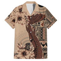 Bula Fiji Family Matching Off The Shoulder Long Sleeve Dress and Hawaiian Shirt Shark Tail Beige Masi Tapa LT7 Dad's Shirt - Short Sleeve Beige - Polynesian Pride