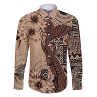 Bula Fiji Family Matching Off The Shoulder Long Sleeve Dress and Hawaiian Shirt Shark Tail Beige Masi Tapa LT7 Dad's Shirt - Long Sleeve Beige - Polynesian Pride