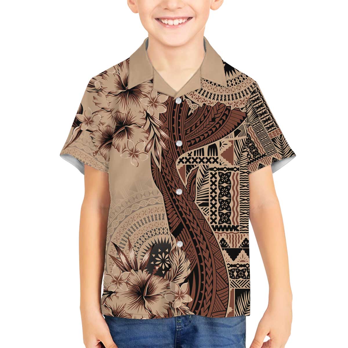 Bula Fiji Family Matching Off The Shoulder Long Sleeve Dress and Hawaiian Shirt Shark Tail Beige Masi Tapa LT7 Son's Shirt Beige - Polynesian Pride