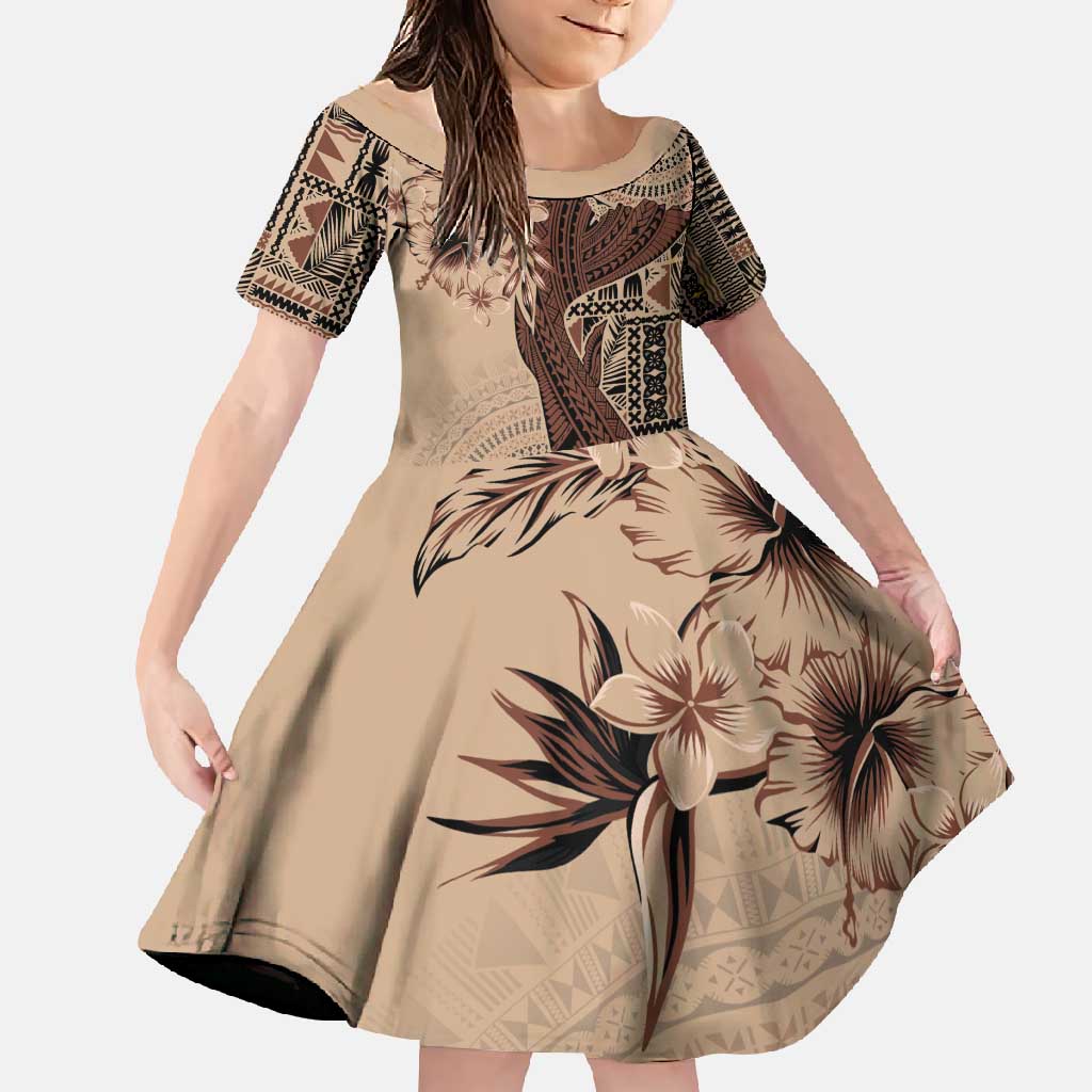 Bula Fiji Family Matching Off Shoulder Maxi Dress and Hawaiian Shirt Shark Tail Beige Masi Tapa LT7 Daughter's Dress Beige - Polynesian Pride