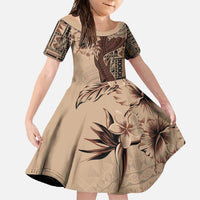 Bula Fiji Family Matching Off Shoulder Maxi Dress and Hawaiian Shirt Shark Tail Beige Masi Tapa LT7 Daughter's Dress Beige - Polynesian Pride