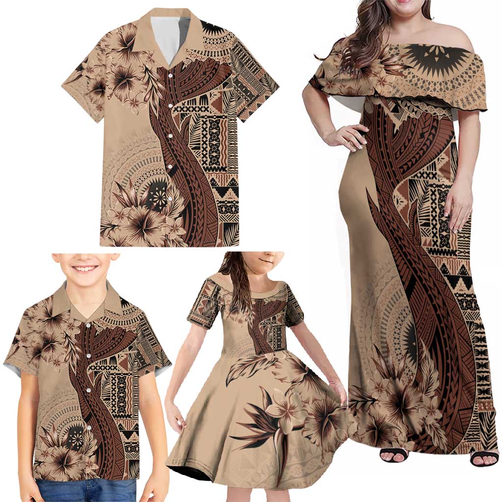 Bula Fiji Family Matching Off Shoulder Maxi Dress and Hawaiian Shirt Shark Tail Beige Masi Tapa LT7 - Polynesian Pride
