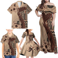Bula Fiji Family Matching Off Shoulder Maxi Dress and Hawaiian Shirt Shark Tail Beige Masi Tapa LT7 - Polynesian Pride