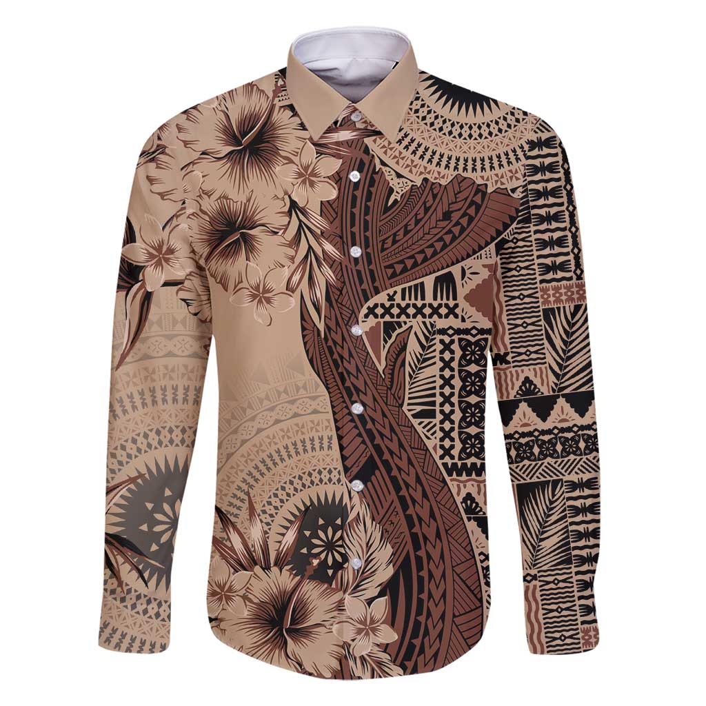 Bula Fiji Family Matching Off Shoulder Maxi Dress and Hawaiian Shirt Shark Tail Beige Masi Tapa LT7 Dad's Shirt - Long Sleeve Beige - Polynesian Pride