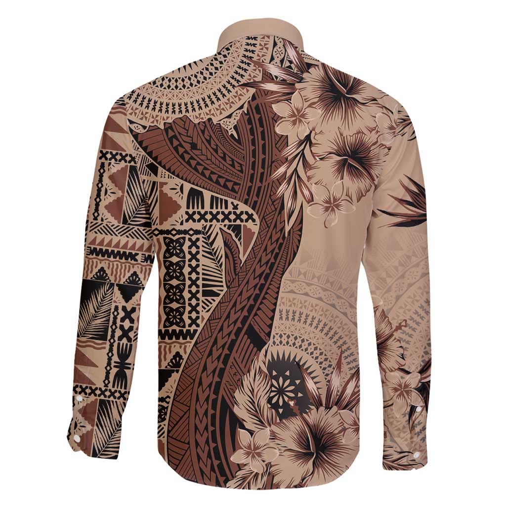 Bula Fiji Family Matching Off Shoulder Maxi Dress and Hawaiian Shirt Shark Tail Beige Masi Tapa LT7 - Polynesian Pride