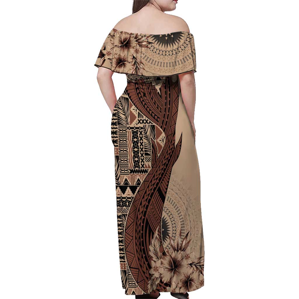 Bula Fiji Family Matching Off Shoulder Maxi Dress and Hawaiian Shirt Shark Tail Beige Masi Tapa LT7 - Polynesian Pride