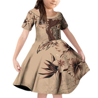 Bula Fiji Family Matching Off Shoulder Short Dress and Hawaiian Shirt Shark Tail Beige Masi Tapa LT7 Daughter's Dress Beige - Polynesian Pride