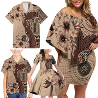 Bula Fiji Family Matching Off Shoulder Short Dress and Hawaiian Shirt Shark Tail Beige Masi Tapa LT7 - Polynesian Pride