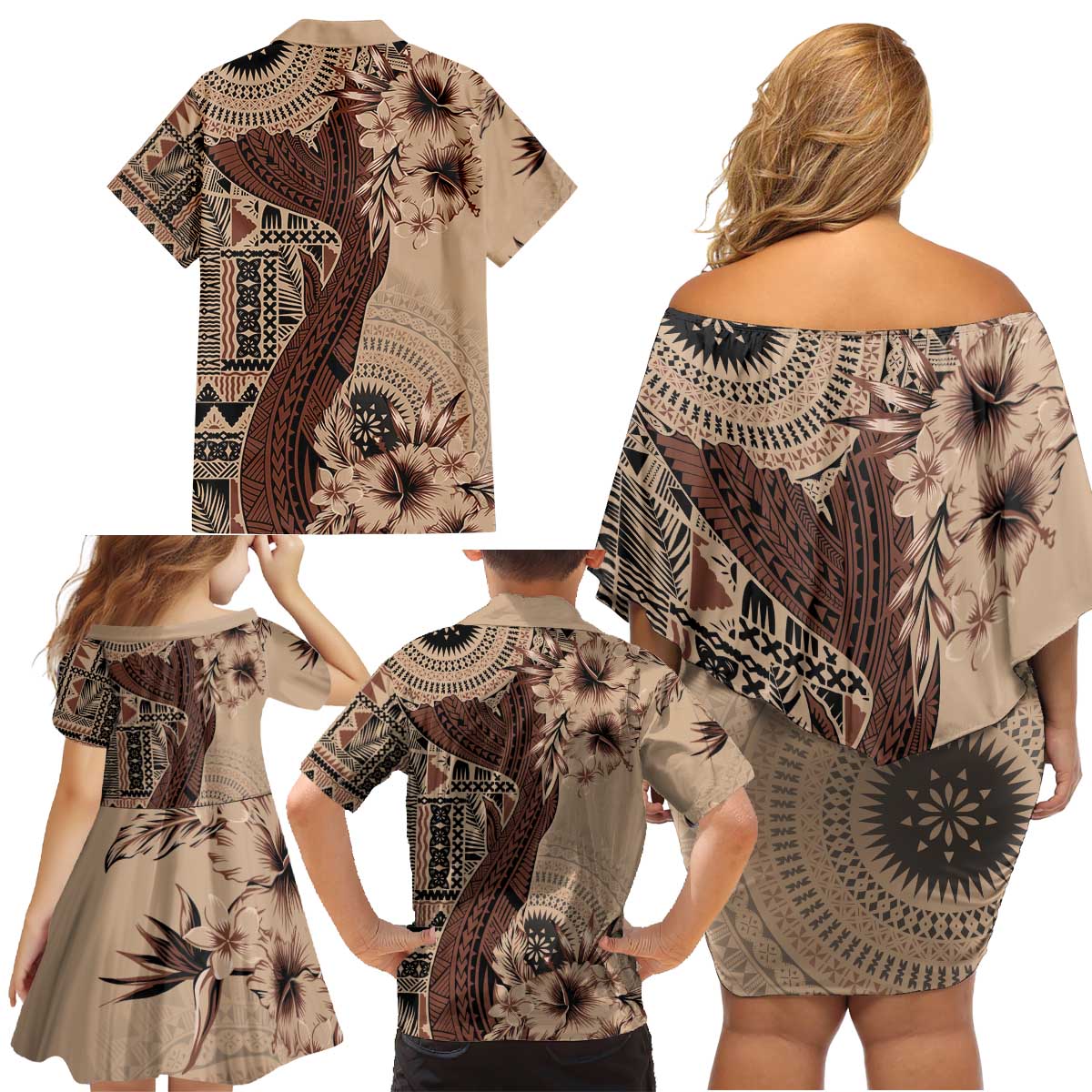 Bula Fiji Family Matching Off Shoulder Short Dress and Hawaiian Shirt Shark Tail Beige Masi Tapa LT7 - Polynesian Pride