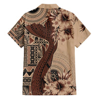 Bula Fiji Family Matching Off Shoulder Short Dress and Hawaiian Shirt Shark Tail Beige Masi Tapa LT7 - Polynesian Pride