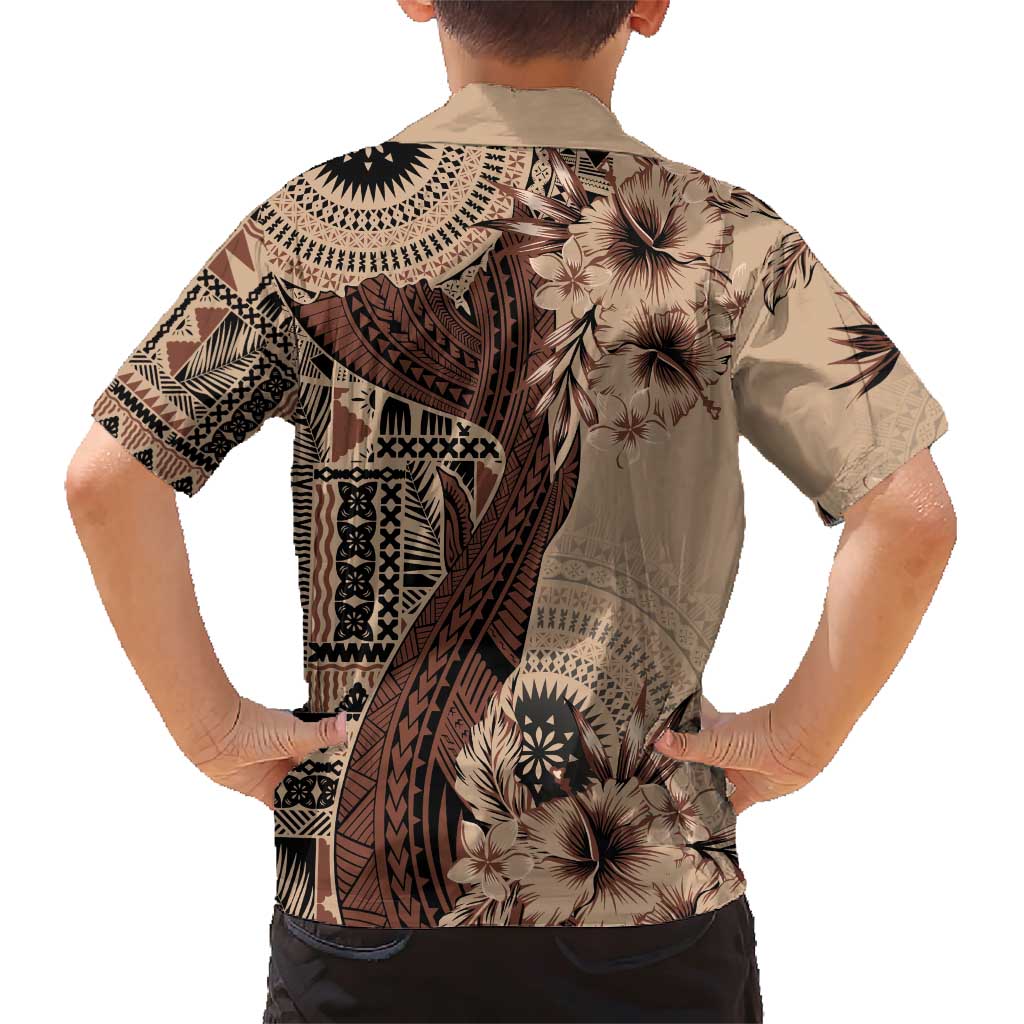 Bula Fiji Family Matching Short Sleeve Bodycon Dress and Hawaiian Shirt Shark Tail Beige Masi Tapa LT7 - Polynesian Pride