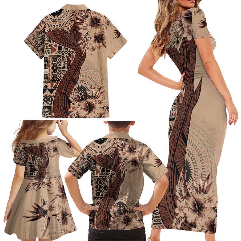Bula Fiji Family Matching Short Sleeve Bodycon Dress and Hawaiian Shirt Shark Tail Beige Masi Tapa LT7 - Polynesian Pride