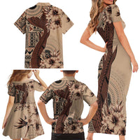 Bula Fiji Family Matching Short Sleeve Bodycon Dress and Hawaiian Shirt Shark Tail Beige Masi Tapa LT7 - Polynesian Pride